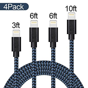 AOFU Lightning Cable,iPhone Cable iPhone Charger 4Pack 3FT 6FT 6FT 10FT Extra Long Nylon Braided Cord to USB Charging for iPhoneX/8/8Plus / 7/7 Plus/6/6 Plus/6S/6S Plus,SE/5S/5,iPad,iPod (Black&Blue)