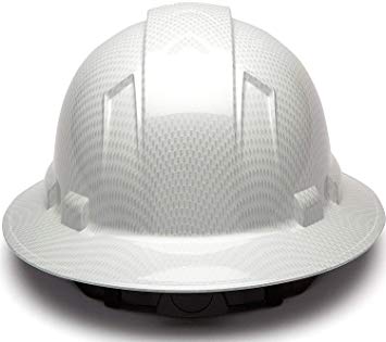 Full Brim Hard Hat, Adjustable Ratchet 4 Pt Suspension, Durable Protection safety helmet, Graphite Pattern Design, White Shiny, by Tuff America