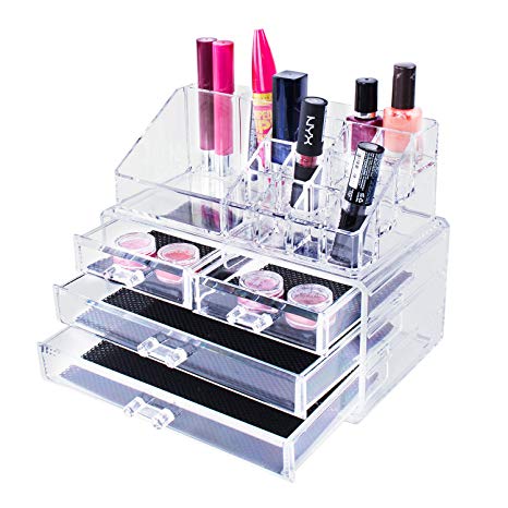 Transparent Cosmetic Makeup Acrylic Organizer Drawers Set for Lipstick, Brushes, Bottles, Jewelry and More. Clear Case Display Rack Storage Holder (2 Piece Set)