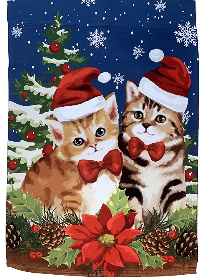 Christmas Kittens Winter Garden Flag - 12" x 18", Double Sided, Festive Cats, Poinsettia, Mistletoe, Christmas Decoration, Home Decor, Boxing Day, Classroom, Daycare, Christmas Tree Lot, Fundraiser