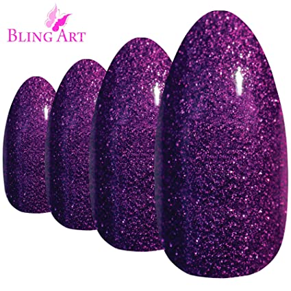 False Nails Bling Art Almond Fake Stiletto Gel Purple Glitter 24 Long Tips Glue