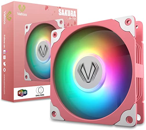 Vetroo Sakura Pink Frame 120mm ARGB LED Case Cooling Fan Computer PC Cooler High Airflow High-Performance Controller Free with 5V 3pin Motherboard Sync (1 Pack)