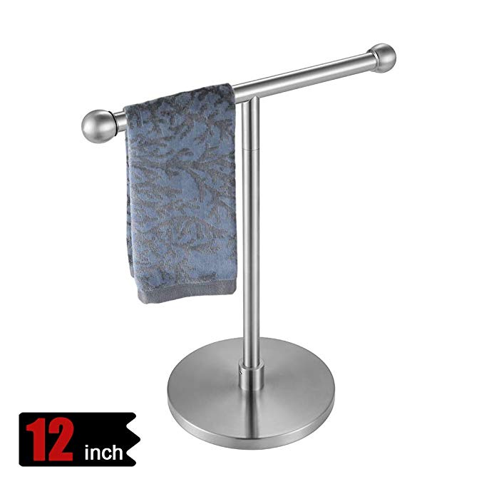 JQK Hand Towel Holder Stand, Modern Tree Rack Free Standing for Countertop with 12 Inch Bar, 304 Stainless Steel Brushed Finished, HTT100-BN