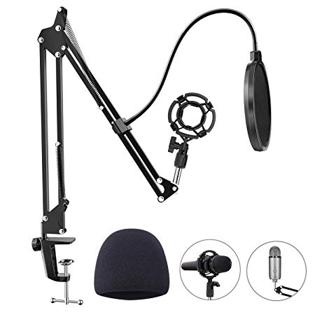 Adjustable Microphone Stand, Heavy Duty Microphone Stand with Mic Microphone Windscreen and Dual Layered Mic Pop Filter Suspension Boom Scissor Arm Stands for Blue Yeti, Blue Spark & Other Microphone