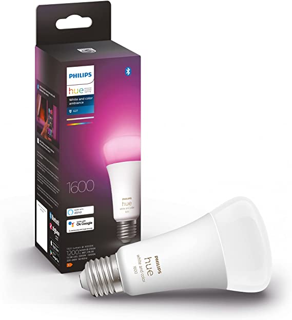 Philips Hue White and Colour Ambiance Smart Light Bulb 100W - 1600 Lumen [E27 Edison Screw] With Bluetooth, Works with Alexa, Google Assistant and Apple Homekit