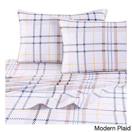 TRIBECA LIVING MODPL170DPSSKI Modern Plaid 5-Ounce Flannel Printed Extra Deep Pocket Sheet Set King Multi