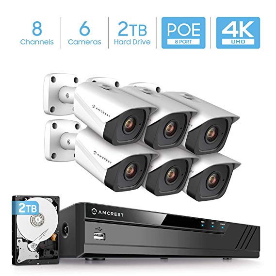 Amcrest 4K Security Camera System w/ 4K 8CH PoE NVR, 6 x 4K (8-Megapixel) IP67 Weatherproof Metal Bullet POE IP Cameras, 2.8mm Wide Angle Lens, Pre-Installed 2TB HDD, NV4108E-2496EW28M6-2TB (White)