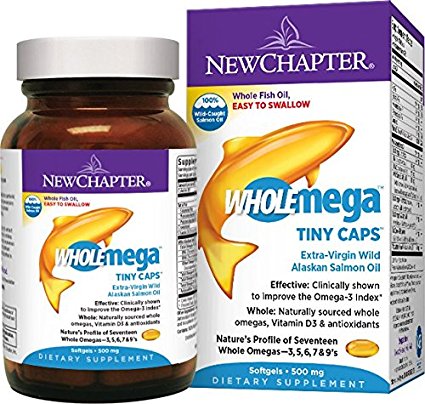 New Chapter Wholemega Fish Oil Supplement, 100% Wild Alaskan Salmon Oil with Omega-3 + Vitamin D3 + Astaxanthin - 90 ct Tiny Caps