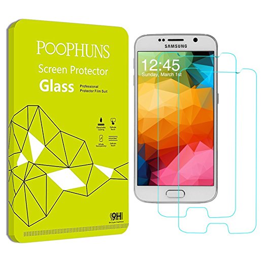 Samsung Galaxy S6 Screen Protector, POOPHUNS 2 Pack Tempered Glass Screen Protector Samsung Galaxy S6, 9H Hardness, One-push installation, Bubble free