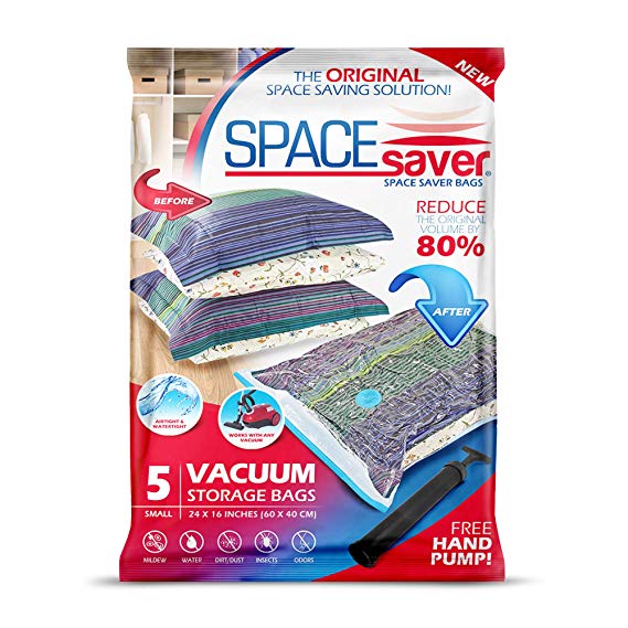 Spacesaver Premium Vacuum Storage Bags. 80% More Storage! Hand-Pump for Travel! Double-Zip Seal and Triple Seal Turbo-Valve for Max Space Saving! (Small 5 Pack)