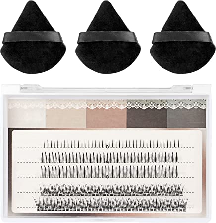 Triangle Powder Puffs and Mixed Pack C Curl False Eyelash Extension Individual Lashes Lower Bottom Lash (5mm) Fairy Style A Shape (8/11mm) Fish Tail (8/11mm) with Makeup Puffs Set