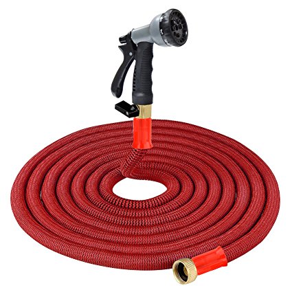 75' Latest Super Expanding Garden Hose, Solid Brass Ends, Double Latex Core, Extra Strength Fabric, 8 Function Spray Nozzle and Shut-off Valve(Black/Red) (75', Red)