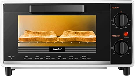 COMFEE' Mini Countertop Toaster Oven, 2-Knobs Easy to Control with Timer-Bake-Broil-Toast Setting, 1000W, Black Compact toaster oven (CO-B08AA(BK))