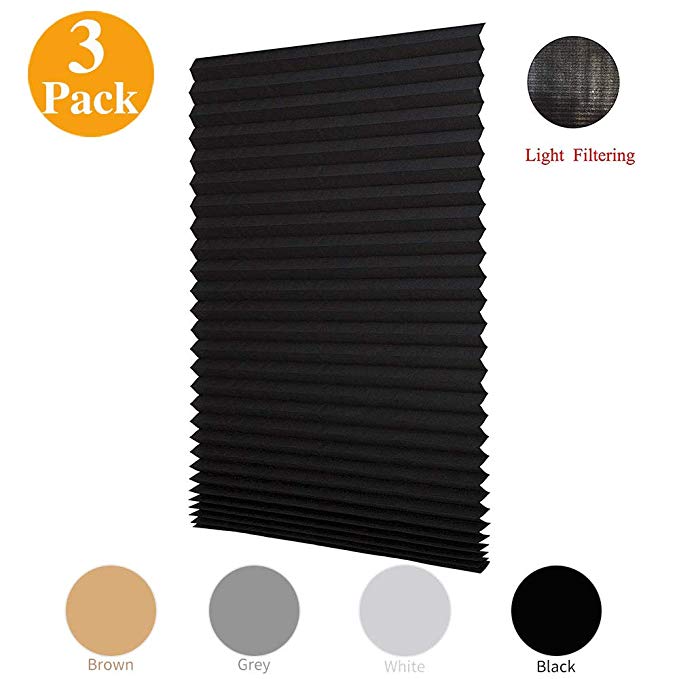 LUCKUP 3 Pack Cordless Light Filtering Pleated Fabric Shade,Easy to Cut and Install, with 6 Clips (48"x72" - 3 Pack, Black)