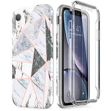 SURITCH for iphone XR case 360 Protection Silicone Back Cover with Built in Screen Protector Slim Thin Bumper Shockproof iphone XR case Marble Black White