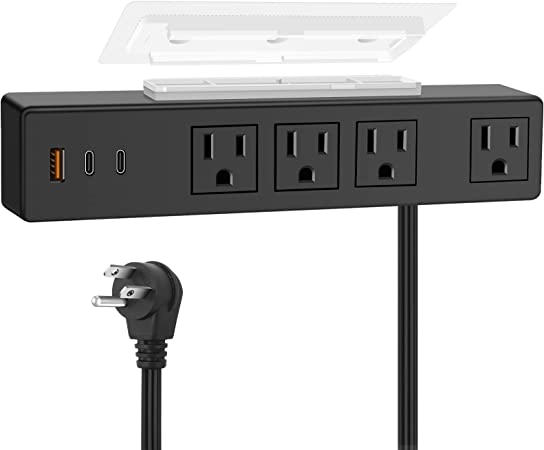 VILONG Type-C Under Desk Power Strip, Adhesive Wall Mount Power Strip with 2 USB C Ports, Power Strip Socket Outlet, 4 AC Plug.Max 18W 2 USB-C, 1 QC3.0 USB-A for Kitchen, Office, Home, Hotel