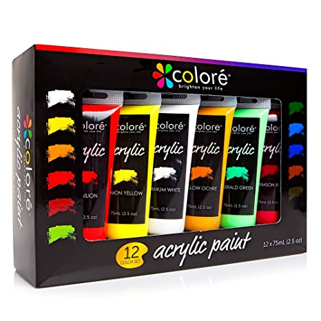 Colore Acrylic Paint Studio Set – Professional Grade Painting Kit For Painting Canvas, Clay, Fabric, Nail Art, Ceramic & Crafts - Great For Kids & Adults – 12 Extra Large, 75 mL (2.5 oz) Tubes
