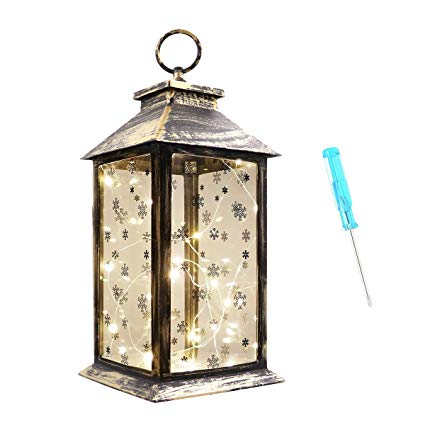 Decorative Lanterns for Indoor 14" Hanging Black Lanterns with 20 LED Fairy String Lights Battery Operated Tabletop Led Light with Snowflake Glass