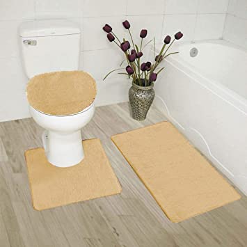Luxury Home Collection 3 Piece Bath Rug Solid Set Non-Slip Bathroom Rug Contour, Mat and Toilet Lid Cover (Beige)
