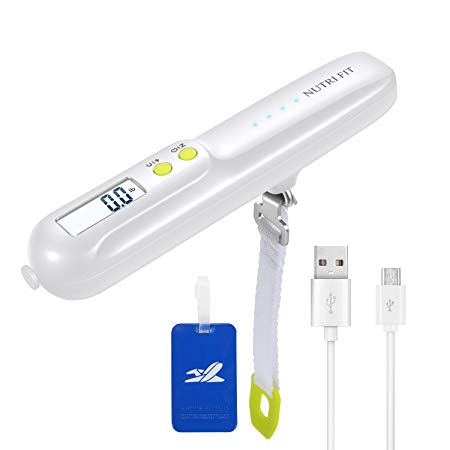 Digital Hanging Luggage Scale/Rechargeable 2500mAh Power Bank, 110 Pounds(50KG), Temperature Sensor, Backlight LCD Display by NUTRI FIT, White