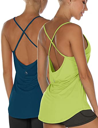 icyzone Workout Tank Tops for Women - Athletic Yoga Tops Open Back Strappy Running Shirts (Pack of 2)