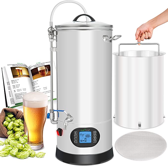 NutriChef One Home Beer Brewing Mash and Boil Device with Circulation Pump 5-Piece Maker Machine Set 9 Gallon 1600w Max w/LCD Display Programmable Multi-Step Control System, Stainless Steel