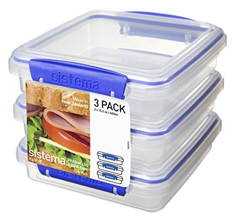 Sistema KLIP IT Sandwich Box, 450 ml - Clear with Blue Clip, Pack of 3