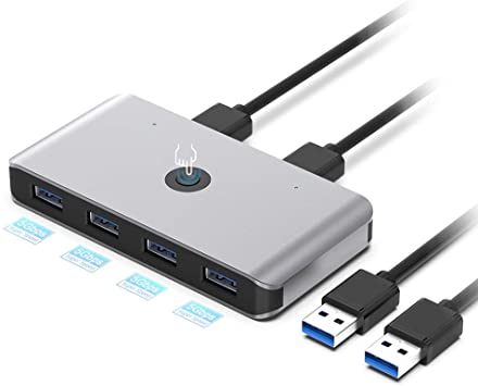 Rocketek USB 3.0 Selector Switch, Peripheral Switcher Adapter Hub for 2 Computers Sharing 6-USB 3.0 Ports, KVM Switches for PCs with One-Button Swapping and 2 Pack USB Male Cable