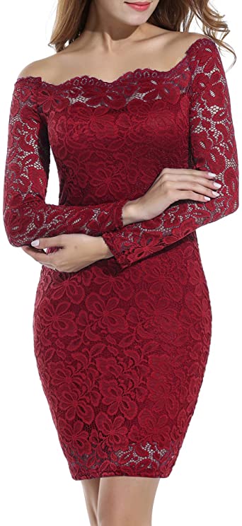 ACEVOG Women Off Shoulder Floral Lace Party Dress