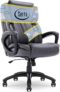 Serta Garret Executive Office, Adjustable Ergonomic Computer Chair with Layered Body Pillows, Waterfall Seat Edge, Bonded Leather, High-Back, Space Gray