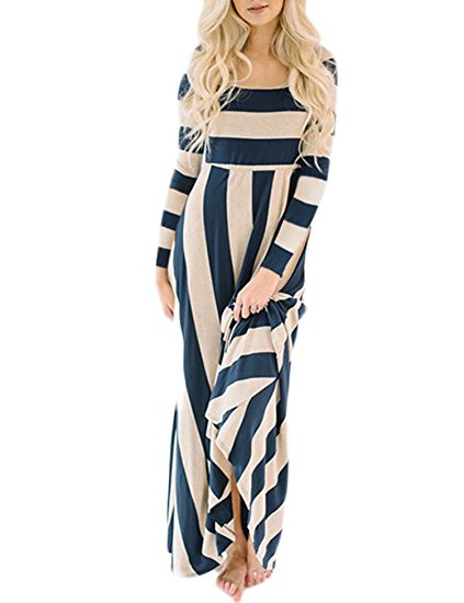 Lavi Beauty Women's Striped Long Sleeve Elastic Waist Maxi Casual Dress