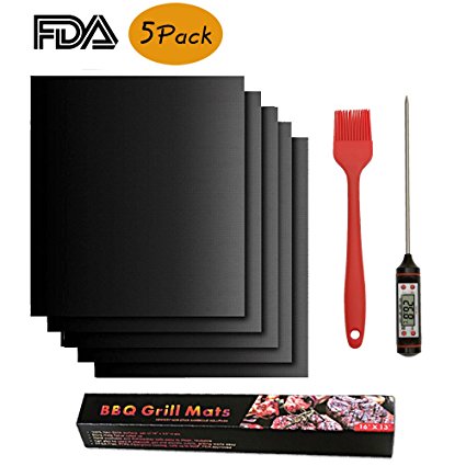 OIOSEN BBQ Grill Mat, Set of 5 Non-stick Grill Mats with Digital Thermometer and Silicone Pastry Basting Grill Barbecue Brush