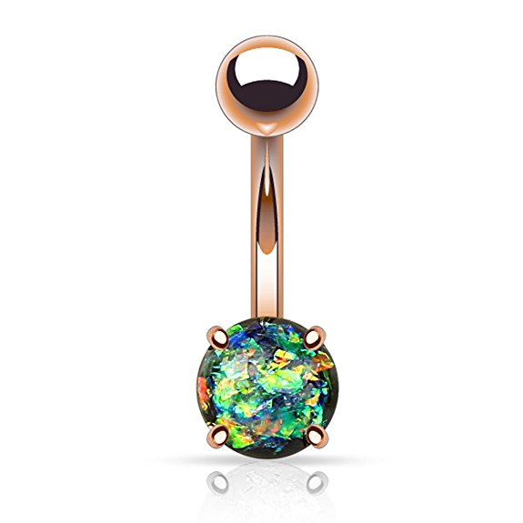 Fifth Cue 14G Opal Glitter Prong Set Rose Gold IP Over 316L Surgical Steel Belly Button Ring (Synthetic Opal) - Choose Color