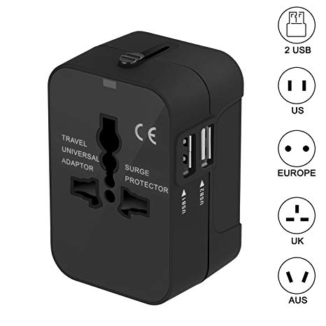 Travel Adapter, Xcords Worldwide All in One Universal Travel Plug Adapter AC Power Plug Converter High Speed Wall Charger with 2 USB Charging Ports Sync for USA EU UK AUS (Black)