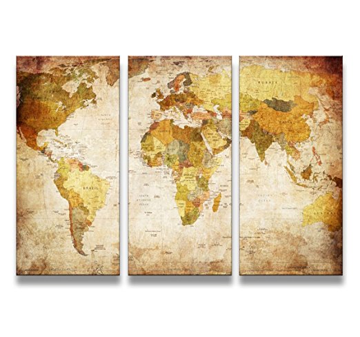 youkuart Canvas Prints Map Art, 3 Panels World Map Wall Art Antiquated Style, Framed & Stretched, Ready to Hang for Wall Decor