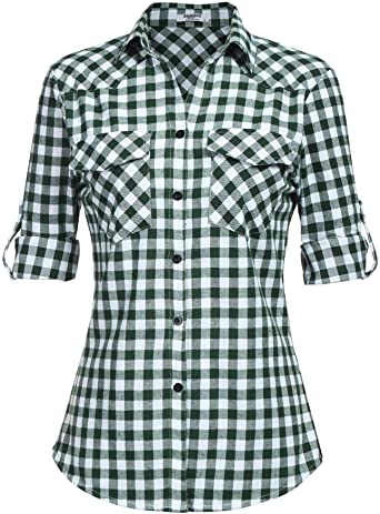 Zeagoo Womens Flannels Long/Roll Up Sleeve Plaid Shirts Cotton Check Gingham Top S-3XL …