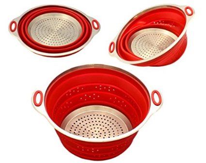 Oberhaus Premium Collapsible Silicone Colander/Strainer with Stainless Steel Base (Red)