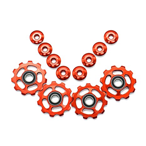 IDS Bike Bicycle 11T Aluminum Sealed Bearing Jockey Wheel Rear Derailleur Pulley, Red, 1 Pair