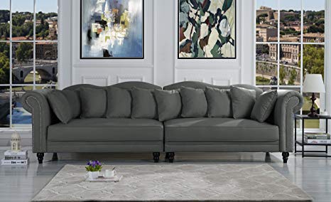 Classic Linen Chesterfield Scroll Arm Large Living Room Sofa (Dark Grey)