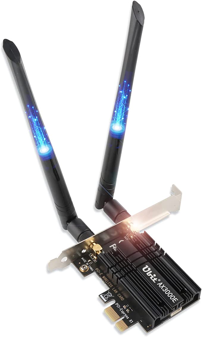 Ubit WiFi 6 AX3000E Wireless Card, Max 2974Mbit/s, Tri-Bands (6G/5G/2.4G), BT 5.2, OFDMA, MU-MIMO, Ultra-Low Latency, WIN10/11，64bit