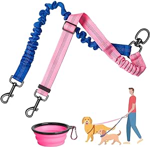 Vastar Pet Double Dog Leash, Tangle Free Bungee Dog Leash Coupler, 360° Swivel Double Dog Walking & Training Leash, Adjustable Strap, Comfortable Shock Absorbing Reflective Bungee Lead for Two Dogs