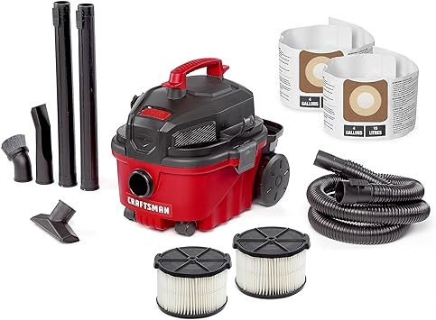 Craftsman CMXEVBE17040 4 Gallon 5.0 Peak HP Wet/Dry Vac, Portable Shop Vacuum with Attachments, General Purpose Filter and 2pk Dust Collection Bags
