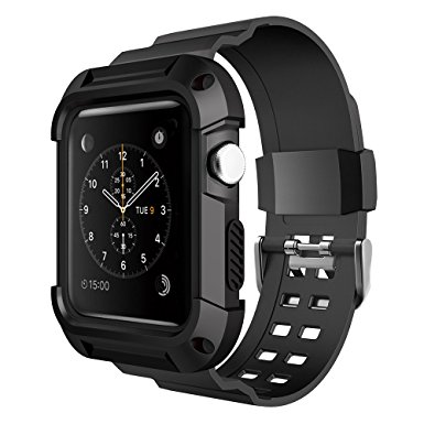 Simpeak Rugged Protective Case with Strap Bands for Apple Watch 42mm Series 1 Series 2,Sport, Edition, Black