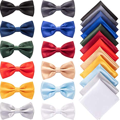 12 Sets Pre-tied Bow Tie Pocket Square Handkerchief Solid Color Bowtie Satin Handkerchief for Men Boys Formal Occasions Decoration