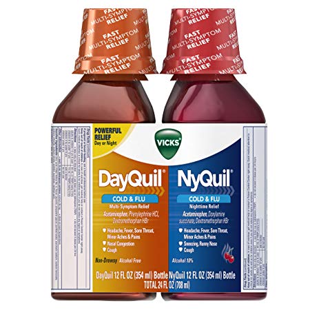 Vicks NyQuil and DayQuil Cough Cold and Flu Relief Liquid, 12 Fl Oz, pack of 2