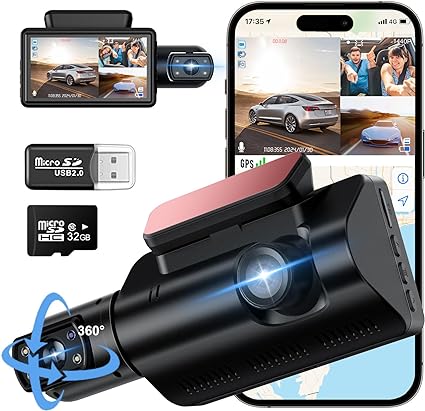 360° Dash Cam Front and Rear Inside, Free 32GB SD Card, 2 Channel 1440P  1080P Dashcam Front Rear and Cabin, 24 Hours Parking Mode Dash Camera, Night Vision, Loop Recording