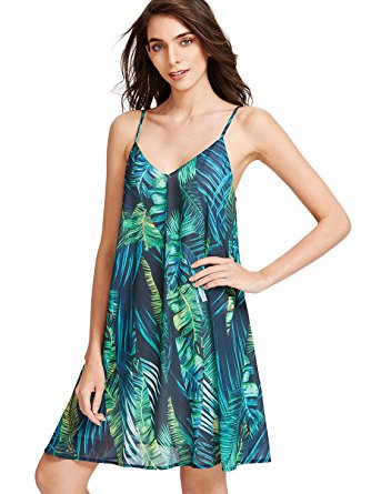 ROMWE Print Sundress Summer Beach Sleeveless Loose Casual Dress