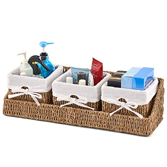 EZOWare Seagrass Wicker Shelf Basket Storage Container Nesting Bins with Wall Mountable Tray and Removable Liners Set of 3