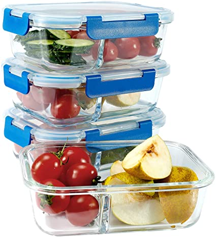 LoveInLunchBox pyrex glass storage containers with lids Food Storage Stain and odor resistant Easily stackable BPA-free Divided interior for Oven microwave and dishwasher safe(32 Ounce 4 Pack B)