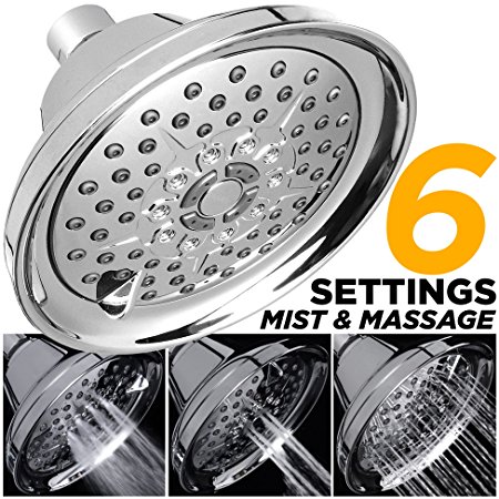 Sakaika 5-Inch 6-Setting High Pressure Mist Spray & Massage Showerhead, Best Multi-Function Fixed Shower Head for Luxury Bathroom, Adjustable Metal Swivel Ball, Chrome Finish, 2.5 GPM Flow Rate